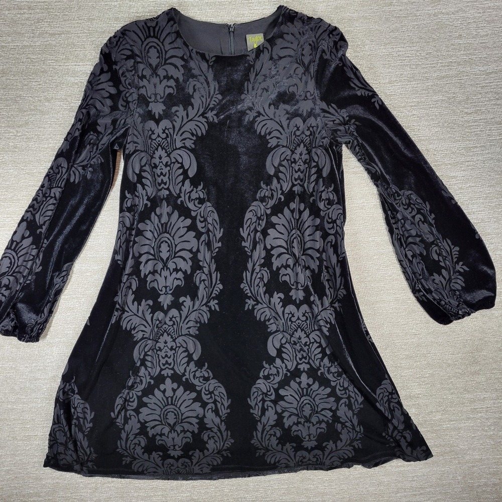 Taylor Burnout Velvet Dress Womens L Black Damask Slinky Lined A-Line Whimsigoth
